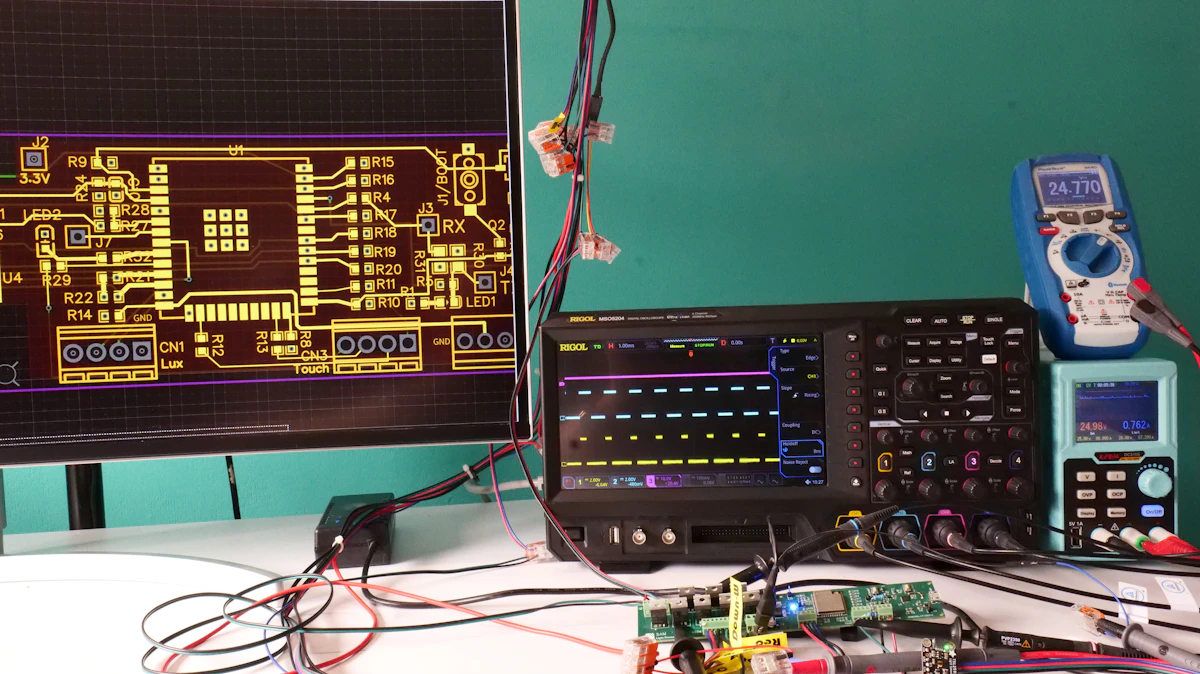 Electronic workbench with oscilloscope, circuit board and measurement instruments.
